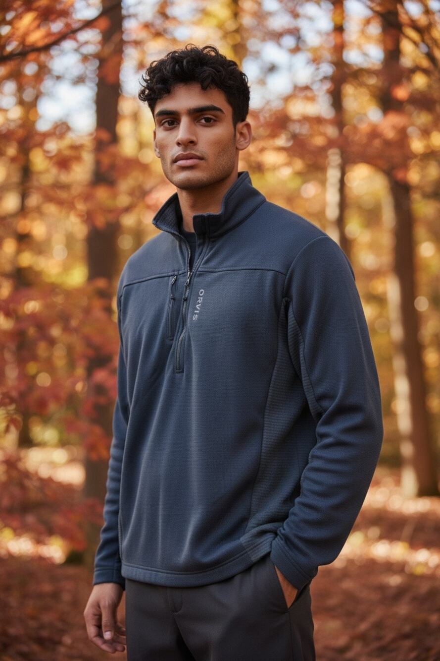 Orvis Pro Polartec Men’s L Quarter Zip Pullover Blue Gray Fleece Golf Stretchy